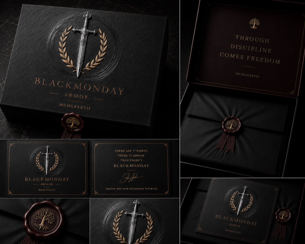 Approved BLACKMONDAY gift-box presentation with engraved Enso, silver sword, gold laurels, dark-bronze typography, oxblood wax seal, and interior message