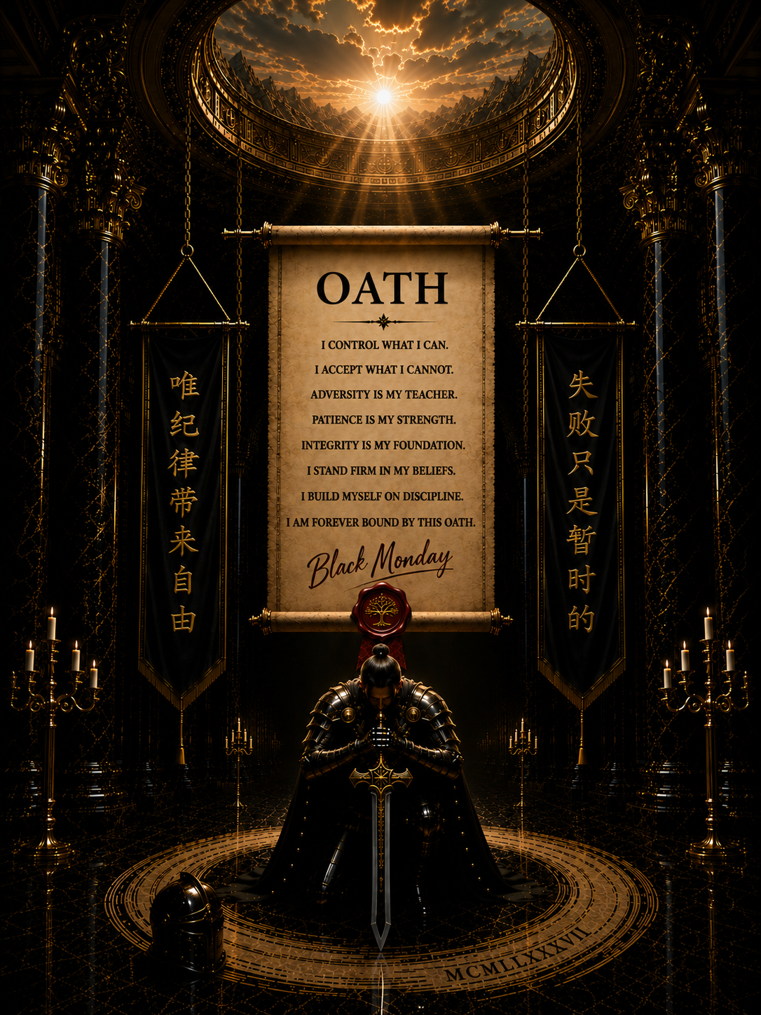 Complete BOUND BY OATH back artwork with unnumbered oath scroll, banners, kneeling warrior, sword, and MCMLXXXVII