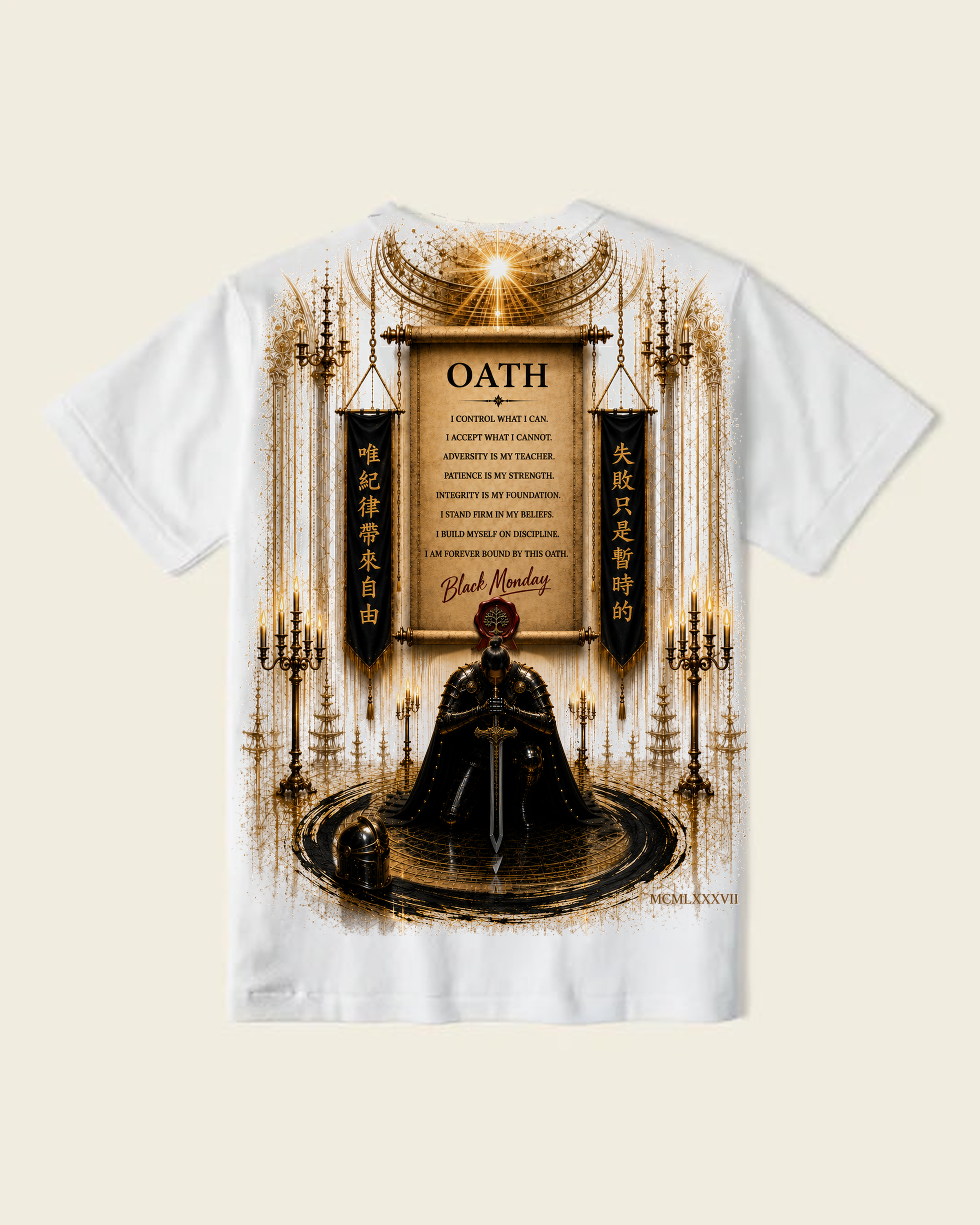 Back view of the white BOUND BY OATH shirt with the complete oath, banners, warrior, and MCMLXXXVII artwork