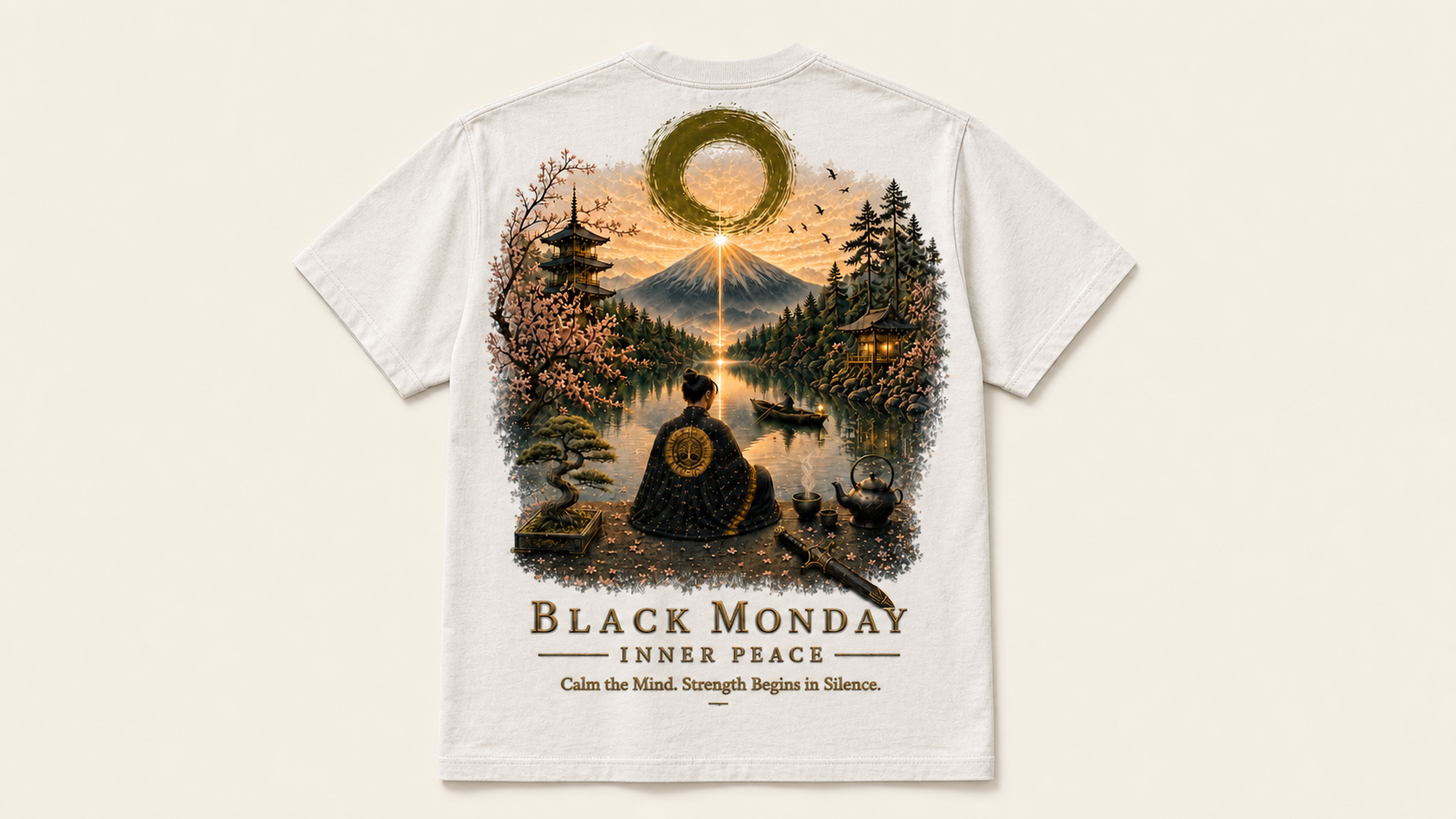 Back view of the approved white INNER PEACE shirt with the complete mountain, Enso, and still-water artwork