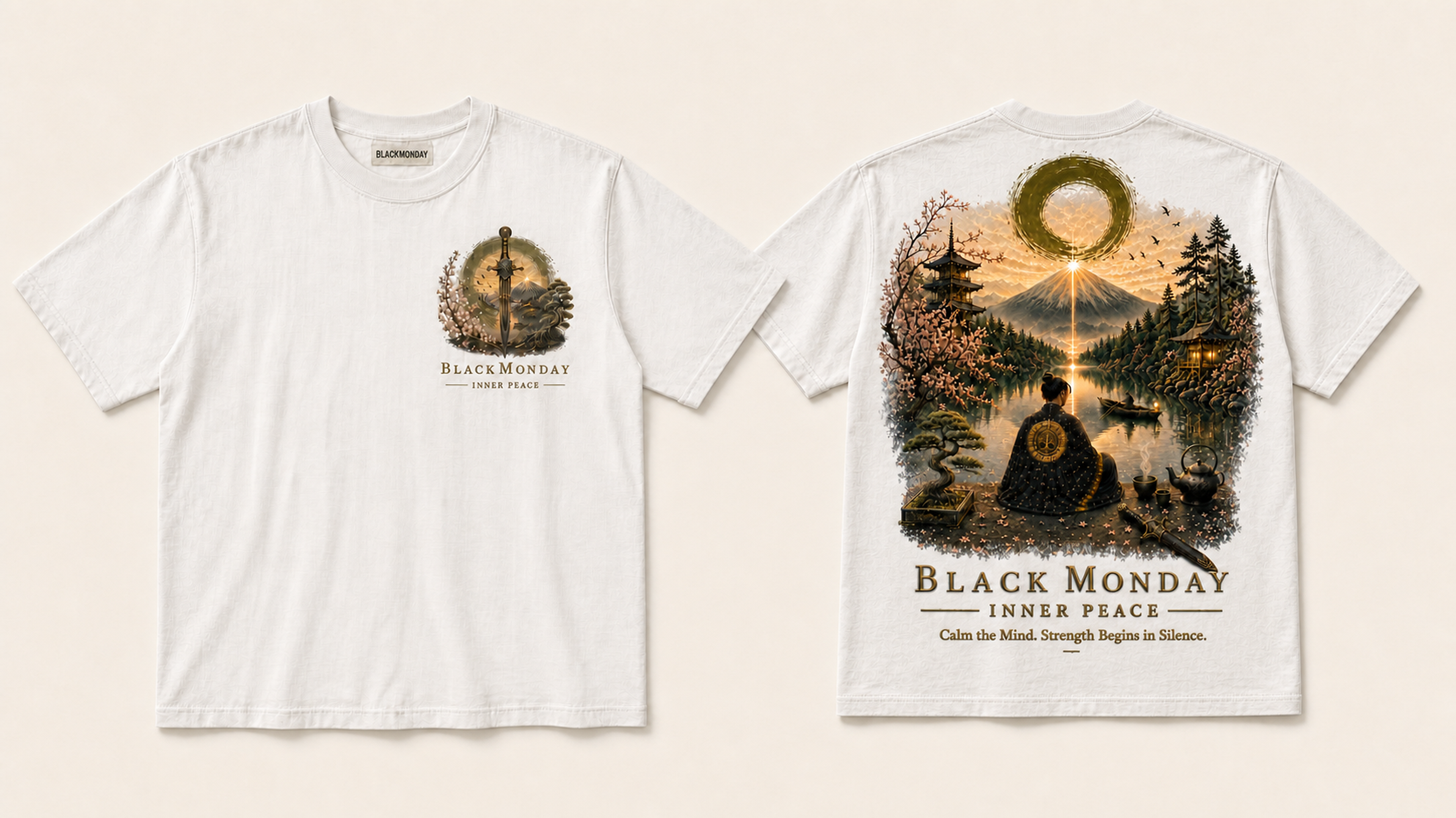Official front-and-back presentation of the white INNER PEACE shirt