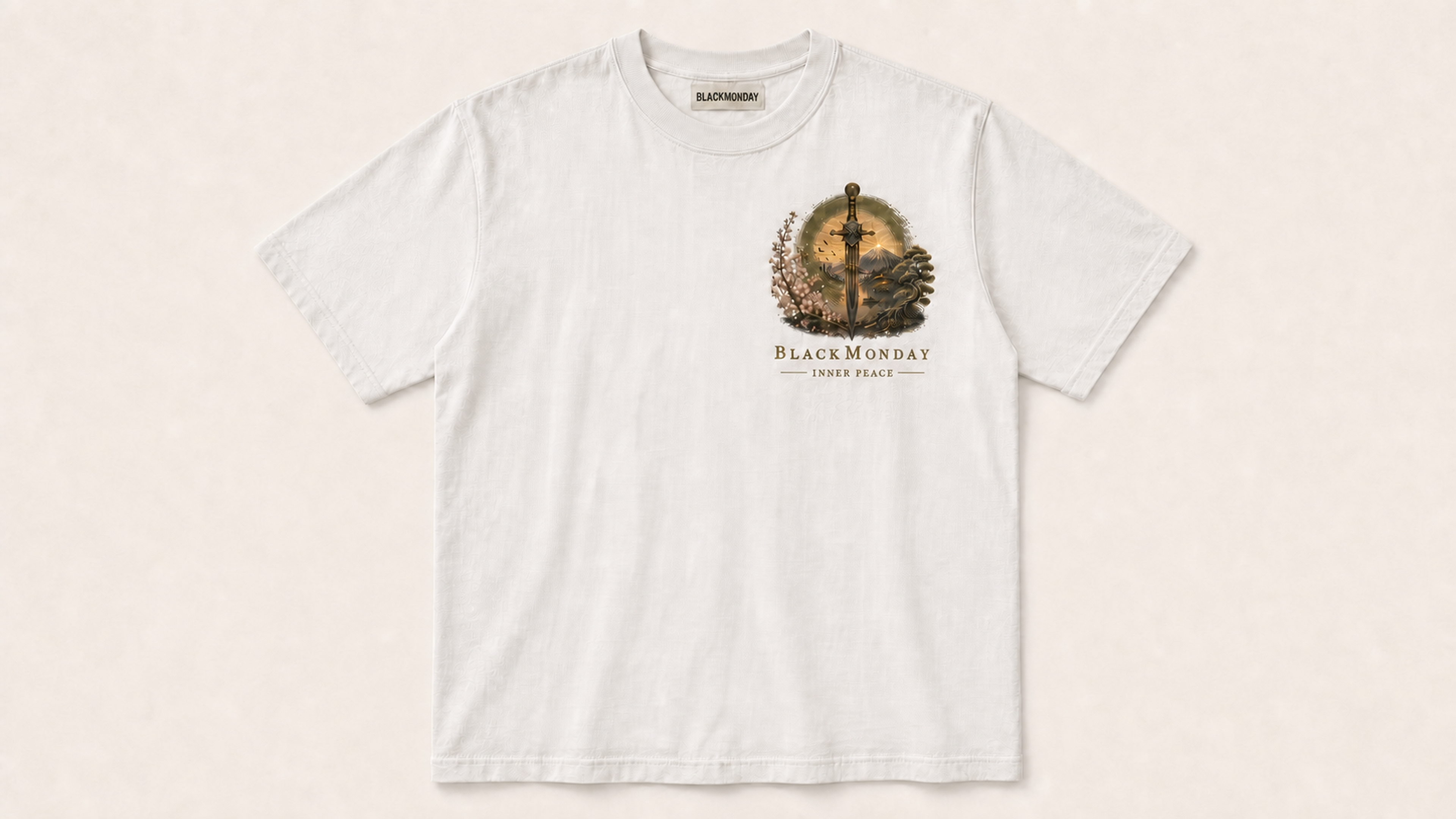Front view of the approved white INNER PEACE shirt with the BLACKMONDAY chest artwork
